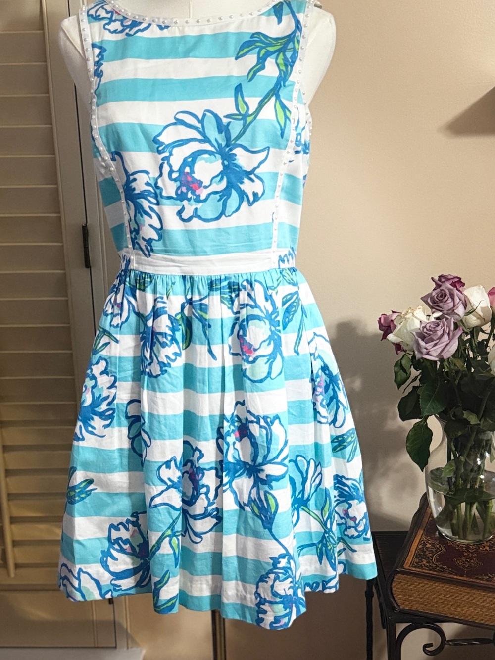 Lilly Pulitzer Turquoise, White & Blue Floral Stripe Midi Dress